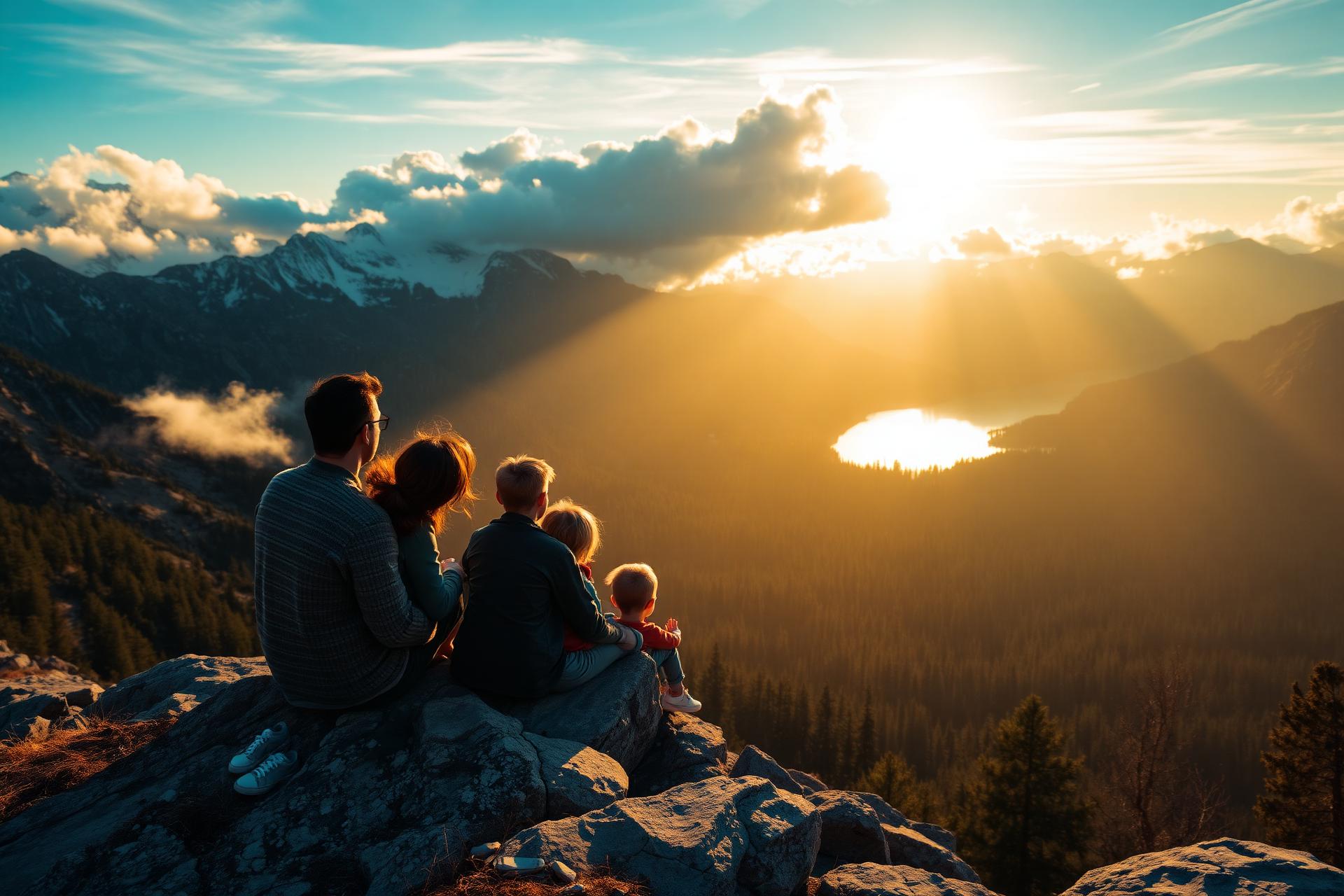 A family overlooking mountains at golden hour